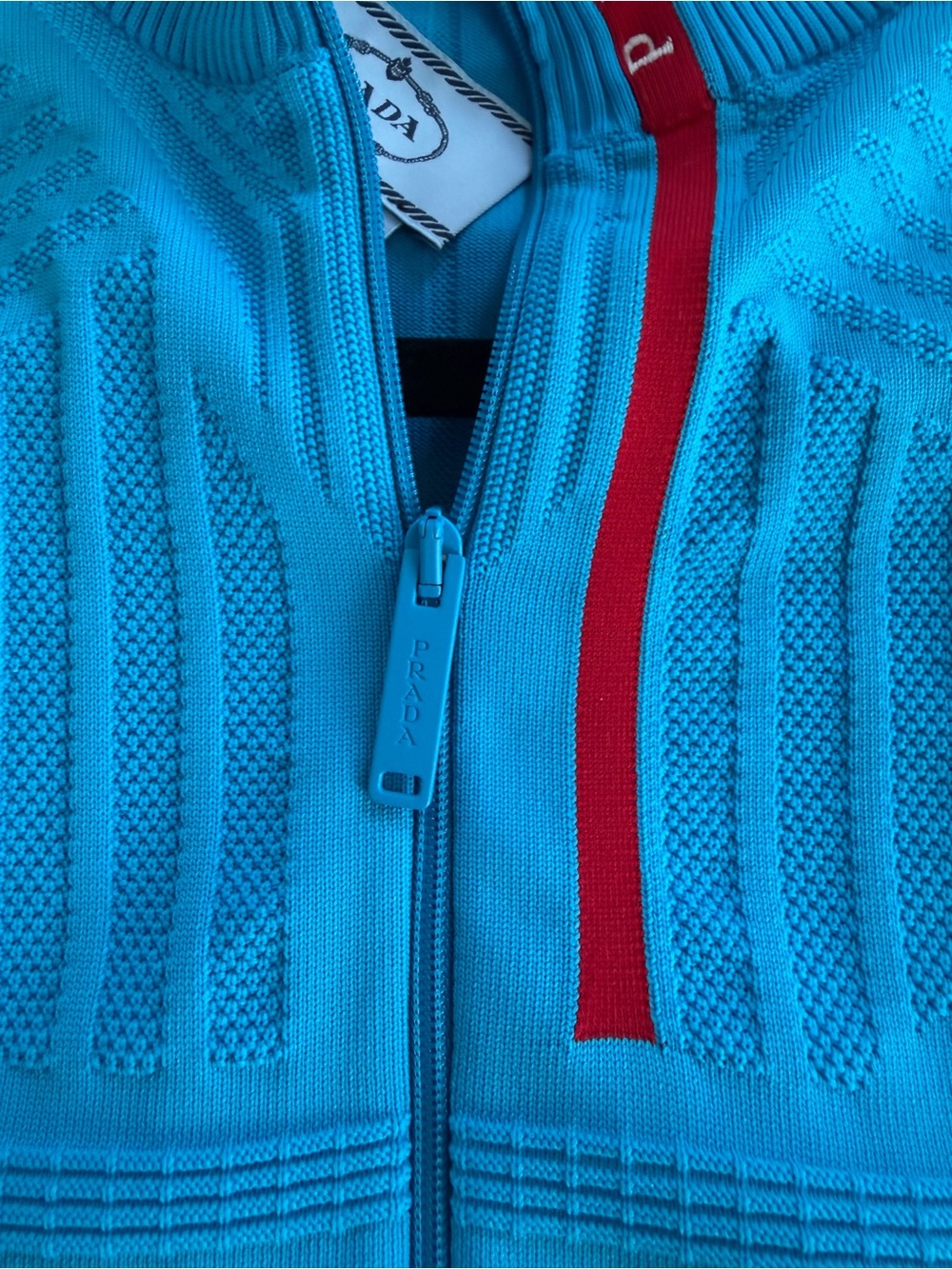 Prada Bright Blue Sleeveless Zip-Up Ribbed Collar Bodysuit with Red Trim - Picture 7 of 9